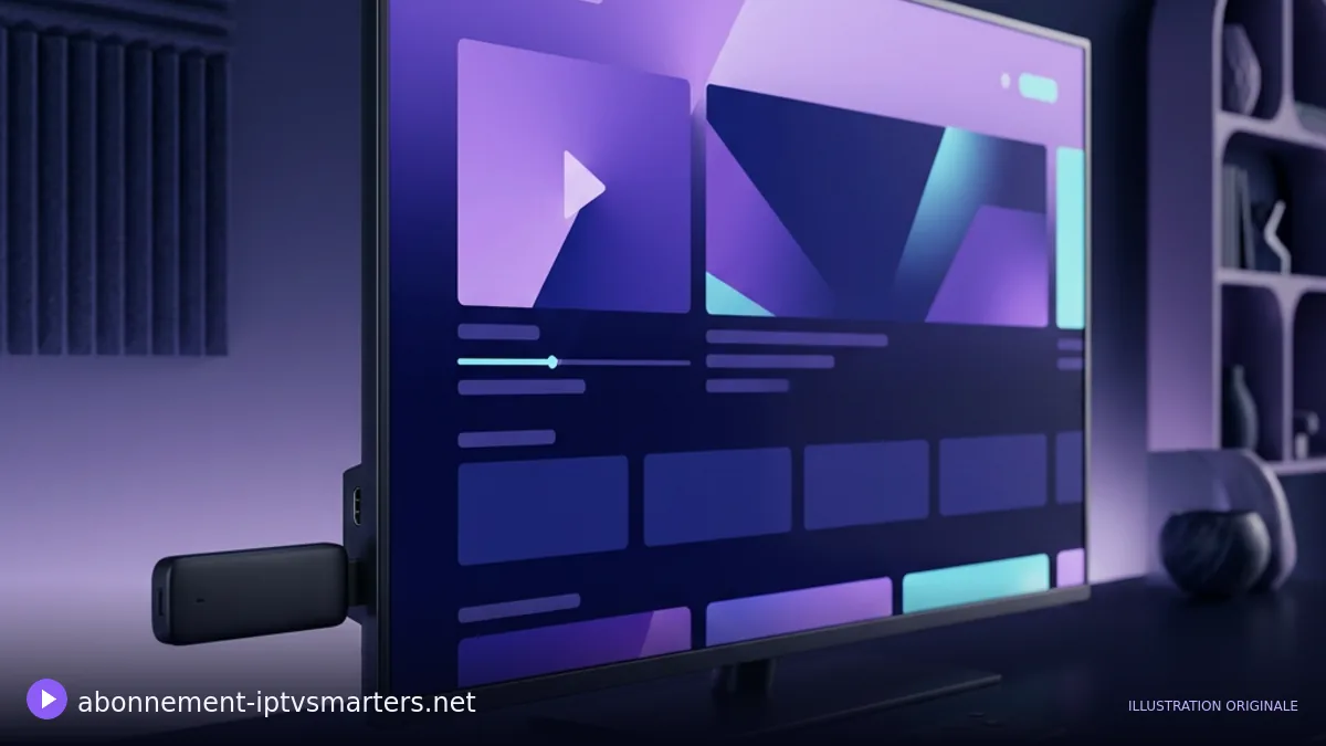 Clé de streaming, télécommande et téléviseur dans une ambiance violette